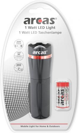 ARCAS 20432 LED-Taschenlampe 1W 60lm 6000K Weiß, Zoom, 100m Reichweite, 3x AAA