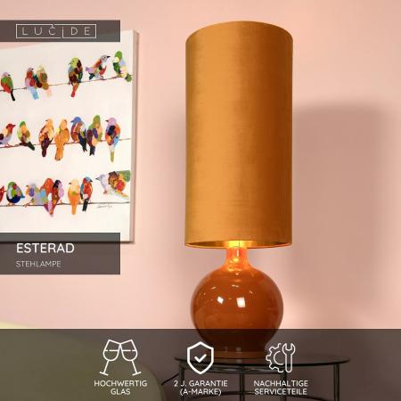 Stehlampe ESTERAD – Retro Design Stehleuchte aus Glas & Stoff in Ockergelb