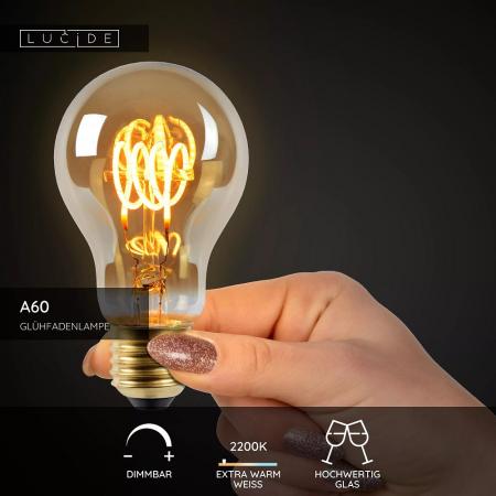 Lucide A60 LED Glühfadenlampe Ø6cm E27 4,9W 2200K Amber dimmbar