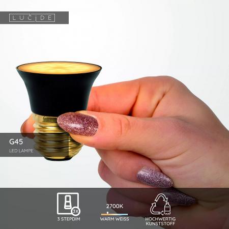 Lucide G45 LED Lampe E27 5W 2700K 3-StepDim Schwarz modern Ø4,3cm