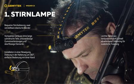 Armytek Wizard C2 Magnet USB Taschenlampe und Stirnlampe 3in1 mit Magnethalterung akkubetrieben (weißes Licht)