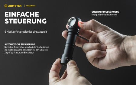 Armytek Wizard C2 Magnet USB Taschenlampe und Stirnlampe 3in1 mit Magnethalterung akkubetrieben (weißes Licht)