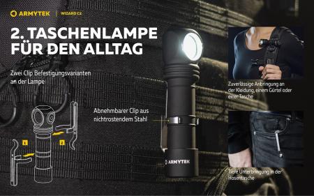 Armytek Wizard C2 Magnet USB Taschenlampe und Stirnlampe 3n1 mit Magnethalterung akkubetrieben (Warmes Licht)