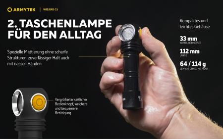 Armytek Wizard C2 Magnet USB Taschenlampe und Stirnlampe 3n1 mit Magnethalterung akkubetrieben (Warmes Licht)