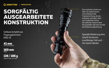 Armytek Predator Pro White LED Taschenlampe akkubetrieben Magnet USB, Warmes Licht