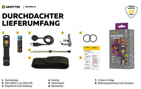 Armytek Partner C2 Magnet USB White Taschenlampe mit Magnethalterung akkubetrieben warmes Licht