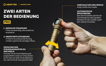 Armytek Wizard C2 Pro Magnet USB Sand Taschen- und Stirnlampe mit Magnethalterung akkubetrieben weißes Licht