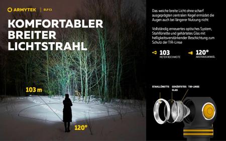 Armytek Elf C1 USB-C Taschen- und Stirnlampe mit Magnethalterung / Stirnhalterung akkubetrieben neutralweißes Licht