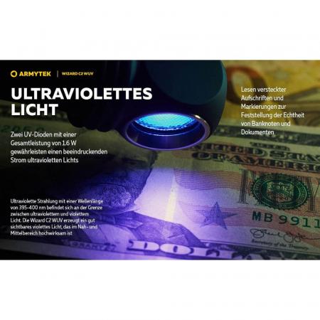 Armytek Wizard C2 WUV Magnet USB White PCB Stirnlampe und Taschenlampe akkubetrieben, weißes Licht mit zusätzlichem UV-Licht