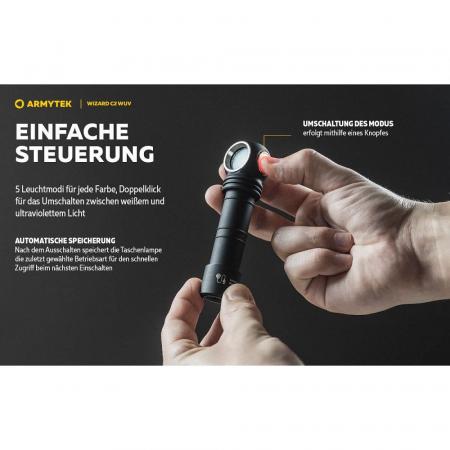 Armytek Wizard C2 WUV Magnet USB White PCB Stirnlampe und Taschenlampe akkubetrieben, weißes Licht mit zusätzlichem UV-Licht