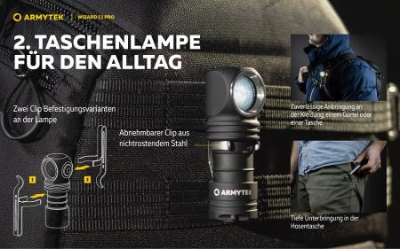 Armytek Wizard C1 Pro Magnet USB Taschenlampe und Stirnlampe 4 in1 mit Magnethalterung akkubetrieben warmes Licht