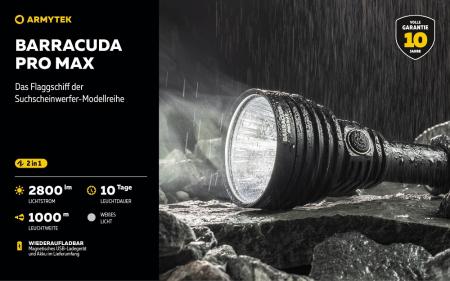 Armytek Barracuda Pro Max Set Profi Taschenlampe und Suchscheinwerfer weißes Licht, magnetische Aufladung Akku