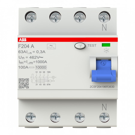ABB F204 A-63/0.3 16-2/3Hz FI-Schutzschalter 4P, Typ A, 63A, 300mA, 16, 7Hz