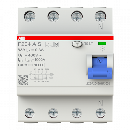 ABB F204 A S-63/0.3 FI-Schutzschalter 4P, Typ A, 63A, 300mA, selektiv