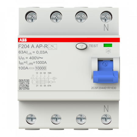 ABB F204 A-63/0.03 AP-R FI-Schutzschalter 4P, Typ A, 63A, 30mA, kurzzeitverzögert