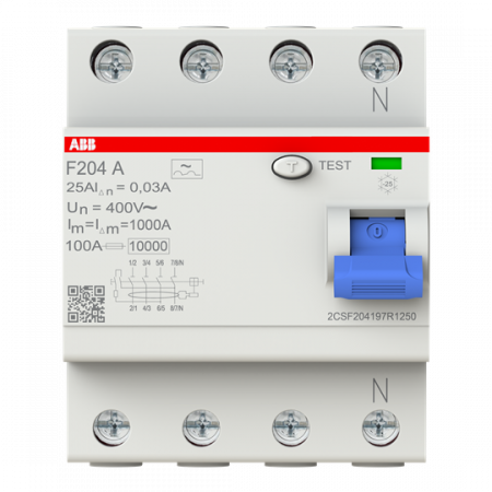 ABB F204 A-25/0.03 400Hz FI-Schutzschalter 4P, Typ A, 25A, 30mA, 400Hz