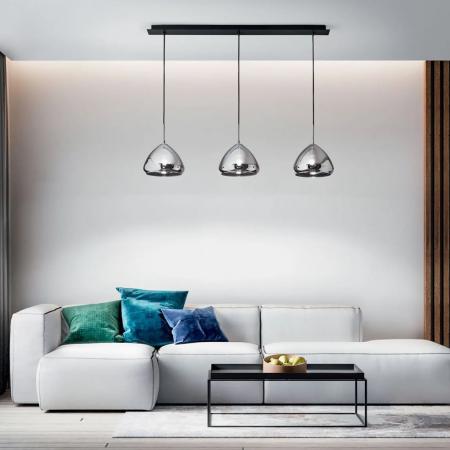 Glow 3-flammige Pendelleuchte in Chrom aus geblasenem Glas mit metallisierter Oberfläche und Textilkabel von Fabas Luce
