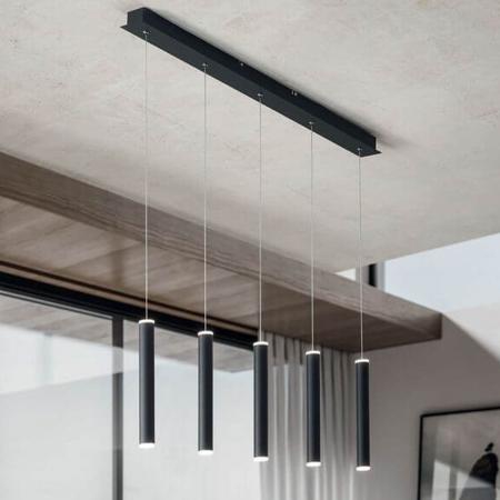 Prado 5-flammige LED Pendelleuchte im Röhrenstil mit Ober- und Unterlicht in Schwarz dimmbar von Fabas Luce