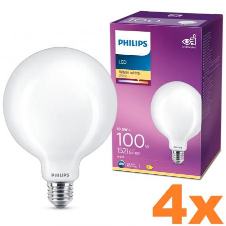 4er Sparpack PHILIPS Helle E27 LED Globe Lampe G120 10.5W wie 100W 2700K warmweißes Licht mit Milchglas