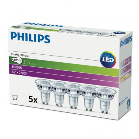 5er Vorteilspack PHILIPS CorePro LED GU10 4,6W wie 50W – 355lm 2700K Warmweiß nicht dimmbar