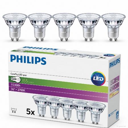 5er Vorteilspack PHILIPS CorePro LED GU10 4,6W wie 50W – 355lm 2700K Warmweiß nicht dimmbar