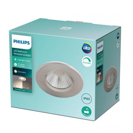 Philips Dive LED-Einbaustrahler IP65 rund nickel Einbau-Durchmesser 70mm, Einbautiefe 15mm, 2700K warmweißes Licht dimmbar