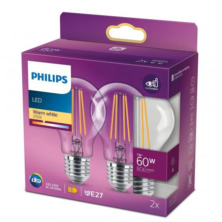 2-er PHILIPS E27 Klare LED Lampe Filament Birnenform 7W wie 60W warmes Licht für Wohnräume