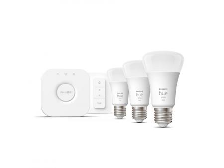 Philips Hue White Starter Set mit 3 x E27 9,5W wie 75W, Bridge, Dimmschalter - Bluetooth/ZigBee
