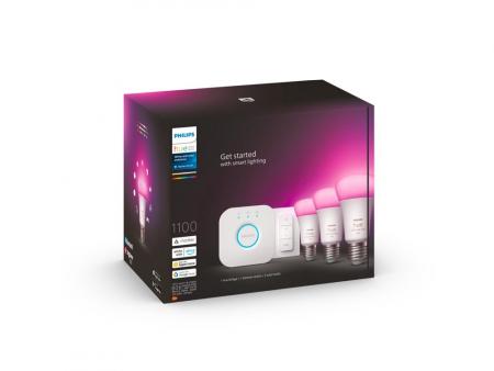 Philips Hue White & Color Ambiance Starter-Set 3x E27 LED 11 W 1055 lm mit Hue Bridge und Dimmschalter, 2000–6500 K, Bluetooth/Zigbee