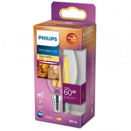 PHILIPS LED Classic B35 E14 5,9W wie 60W 806lm 2200–2700K WarmGlow dimmbar