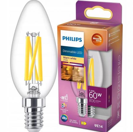 PHILIPS LED Classic B35 E14 5,9W wie 60W 806lm 2200–2700K WarmGlow dimmbar