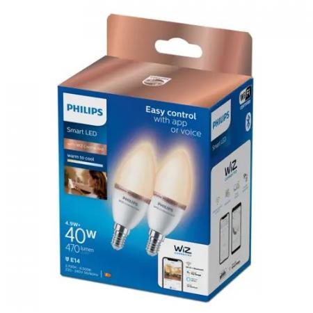 2er-Pack Philips WiZ Smart LED-Kerzen C37 E14 2×4,9W wie 40W 2×470lm 2700–6500K dimmbar WiFi