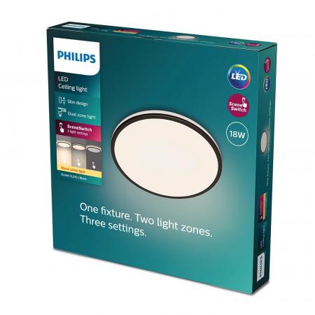 Flache Philips LED Deckenleuchte Ozziet schwarz dimmbar ø30cm warmweißes Licht mit zwei Zonen