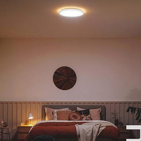 Flache Philips LED Deckenleuchte Ozziet schwarz dimmbar ø30cm warmweißes Licht mit zwei Zonen