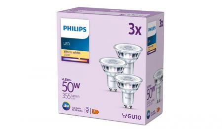 3er Set Philips GU10 PAR16 LED-Spotlampen 4,6W wie 50W 2700K Warmweiß 36° – energieeffiziente Reflektor Spots für wohnliche Akzent- und Raumbeleuchtung