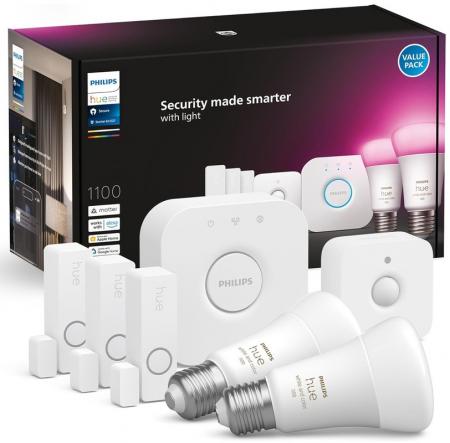 Philips Hue Starter Set mit 2 x E27 RGBW Lampen dimmbar 9W wie 60W & Bridge & Sensoren