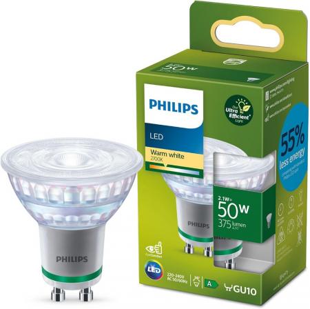Besonders effizienter PHILIPS GU10 LED Strahler 2,1W wie 50W warmweißes Licht 2700K mit 36 ° Ausstrahlungswinkel