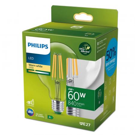 Philips UltraEfficient Filament G95 4W wie 60W 840lm 2700K E27 Warmweiß 300° klar nicht dimmbar