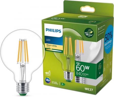 Philips UltraEfficient Filament G95 4W wie 60W 840lm 2700K E27 Warmweiß 300° klar nicht dimmbar