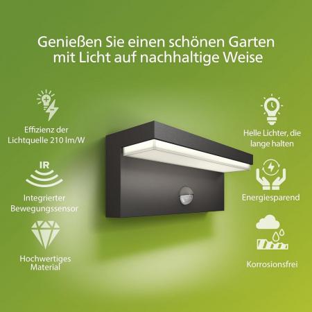 Philips myGarden LED Aussenwandleuchte Bustan Anthrazit mit Bewegungsmelder - warmweißes Licht