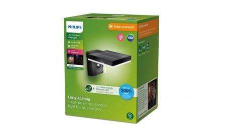 Philips Outdoor Ultra-Efficient Solar Zonal Wandleuchte 1.3W, Tageslicht- und Bewegungssensor, eckig, 3000 Kelvin, schwarz, Kunststoff