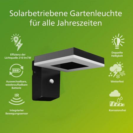 Philips Outdoor Ultra-Efficient Solar Zonal Wandleuchte 1.3W, Tageslicht- und Bewegungssensor, eckig, 3000 Kelvin, schwarz, Kunststoff