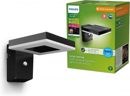 Philips Outdoor Ultra-Efficient Solar Zonal Wandleuchte 1.3W, Tageslicht- und Bewegungssensor, eckig, 3000 Kelvin, schwarz, Kunststoff