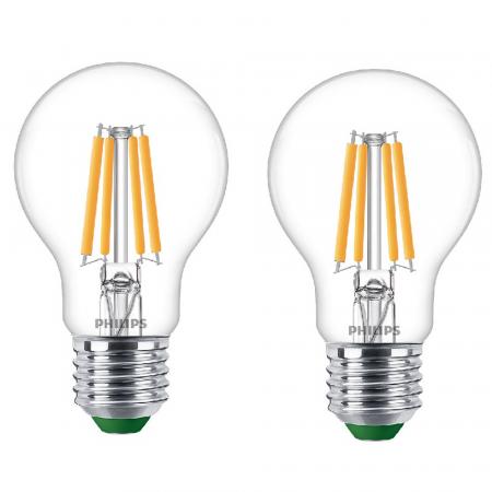 Nur noch angezeigter Bestand verfügbar:   2er Pack PHILIPS Classic E27 Ultra Efficientes LED Leuchtmittel 2,3W wie 40W warmweißes Licht in trendiger Filamentoptik 2700K
