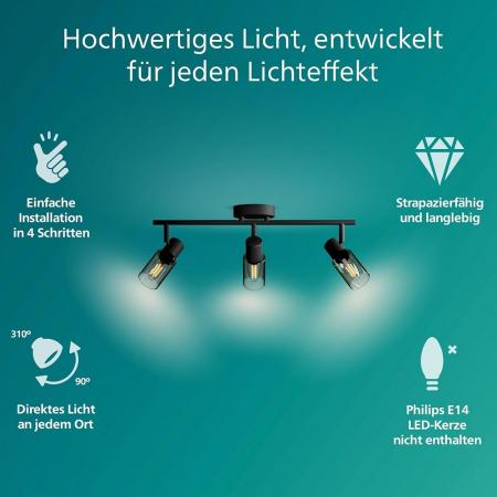 Philips 3er Palms Deckenstrahler in Schwarz IP20 - E14 Fassung - aus Glas und Metall