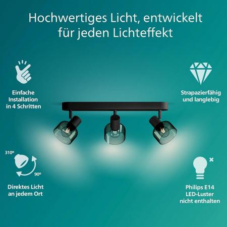 Philips 3er Sleet Deckenstrahler in Schwarz IP20 - E14 Fassung - aus Glas und Metall