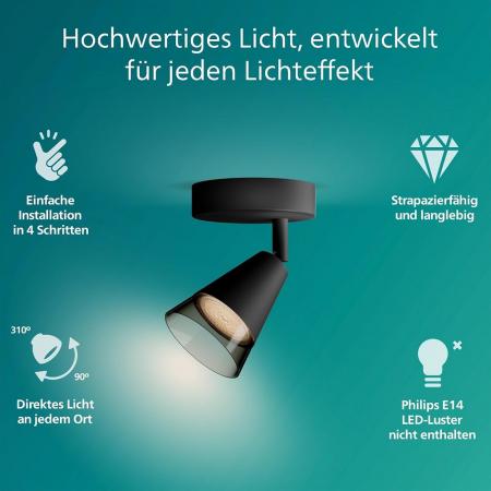 Philips 1er Cleft Decken-/Wandspot in Schwarz IP20 - GU10 Fassung - aus Glas und Metall