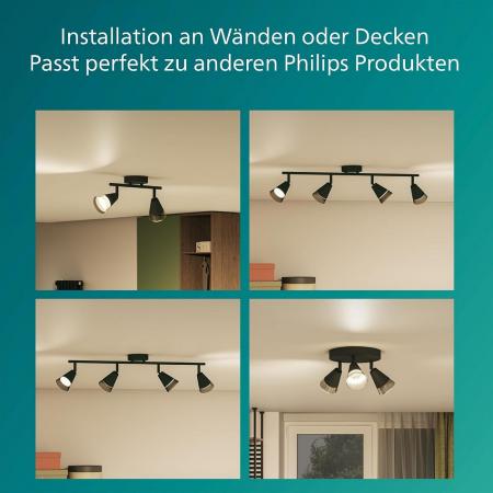 Philips 4er Cleft Decken-/Wandspot in Schwarz IP20 - GU10 Fassung - aus Glas und Metall