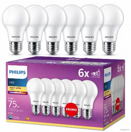 Sparset Philips LED Lampe A60 9,5W wie 75W 1055lm 2700K Warmweiß E27 6er-Pack nicht dimmbar