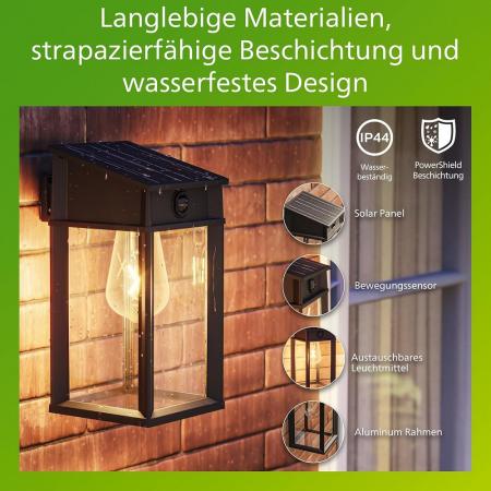 Philips Solar Wandleuchte Geri Ultra Efficient in Schwarz mit Bewegungssensor & warmweißes Licht IP44